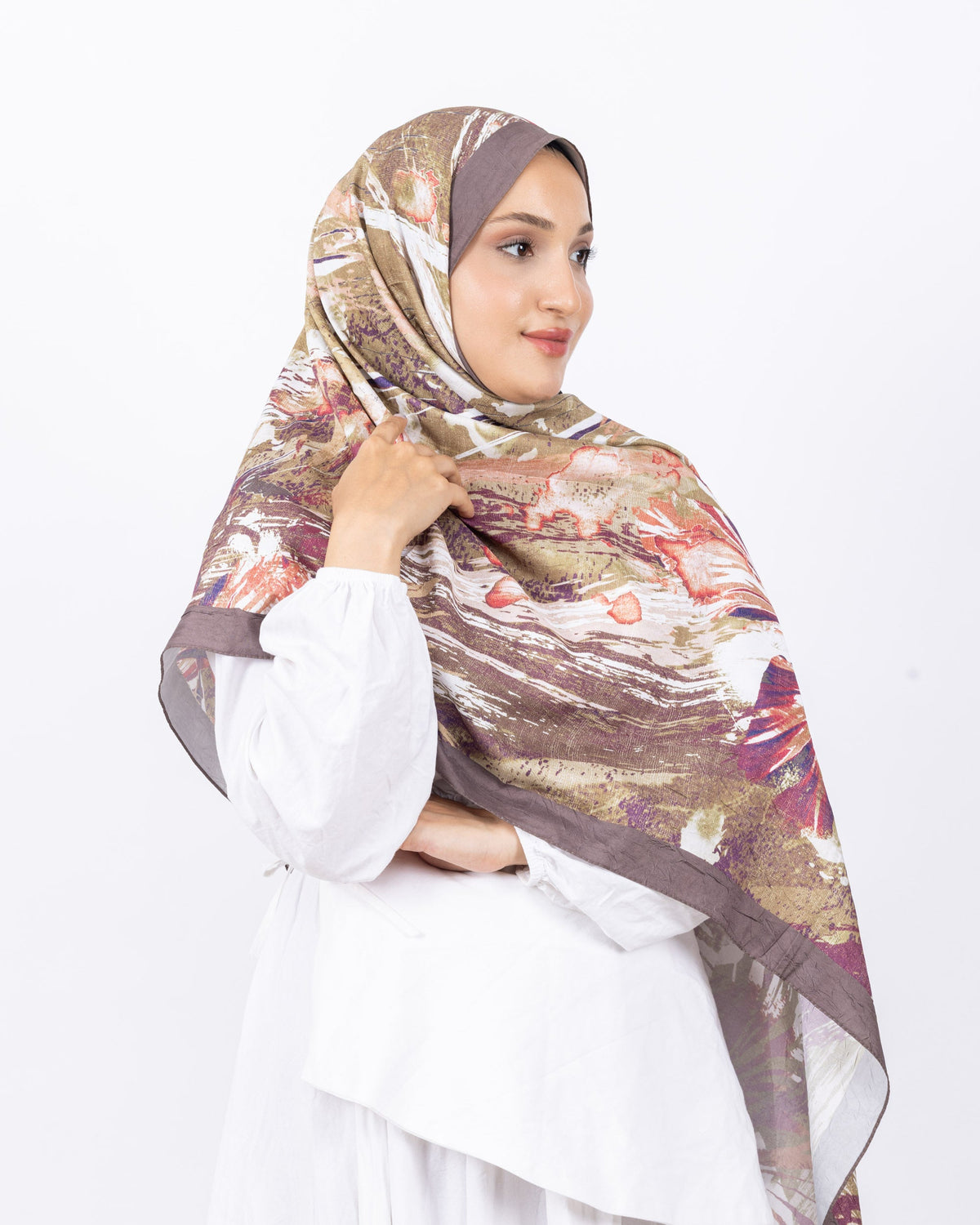 Mikro Bambu Kraş Şal D020 Koyu Vizon, çiçekli desenli, 75 × 185 cm şal – görsel 1