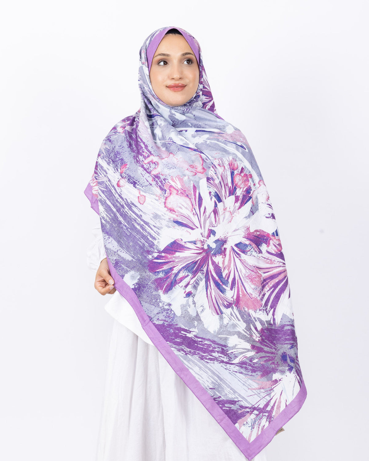 Mikro Bambu Kraş Şal D020 Lila, çiçekli desenli, 75 × 185 cm şal – görsel 1