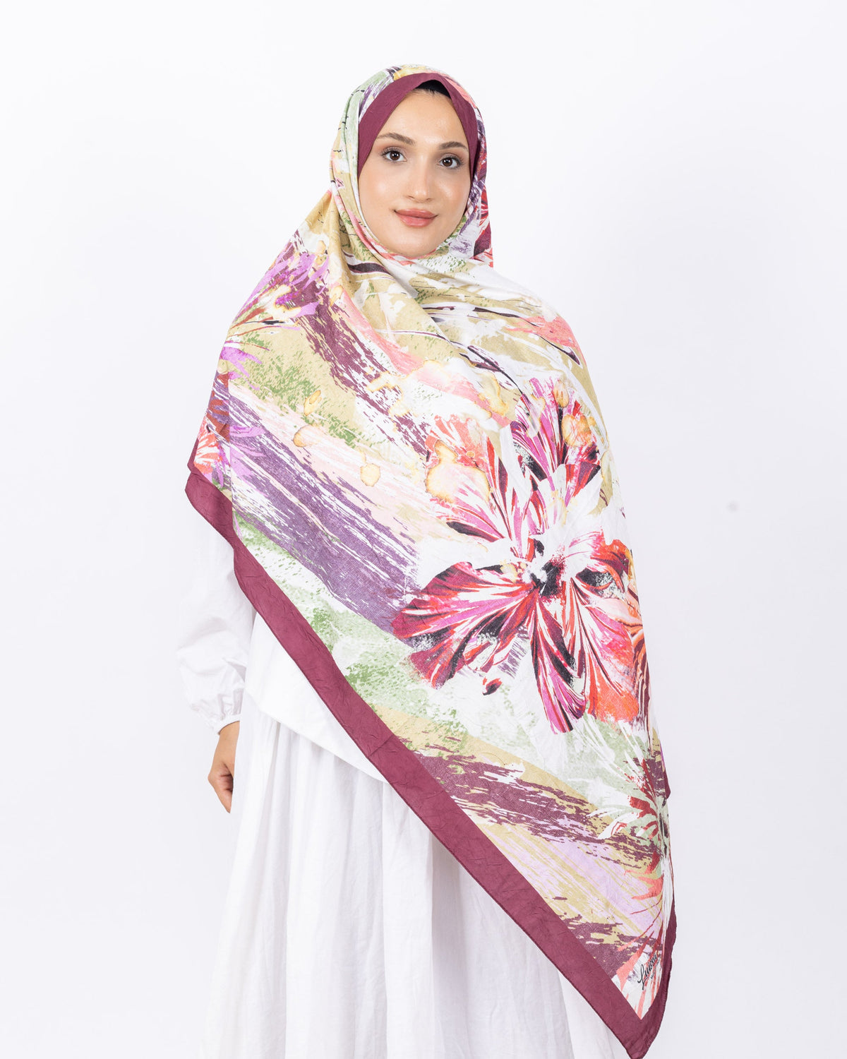 Mikro Bambu Kraş Şal D020 Bordo, çiçekli desenli, 75 × 185 cm şal – görsel 2