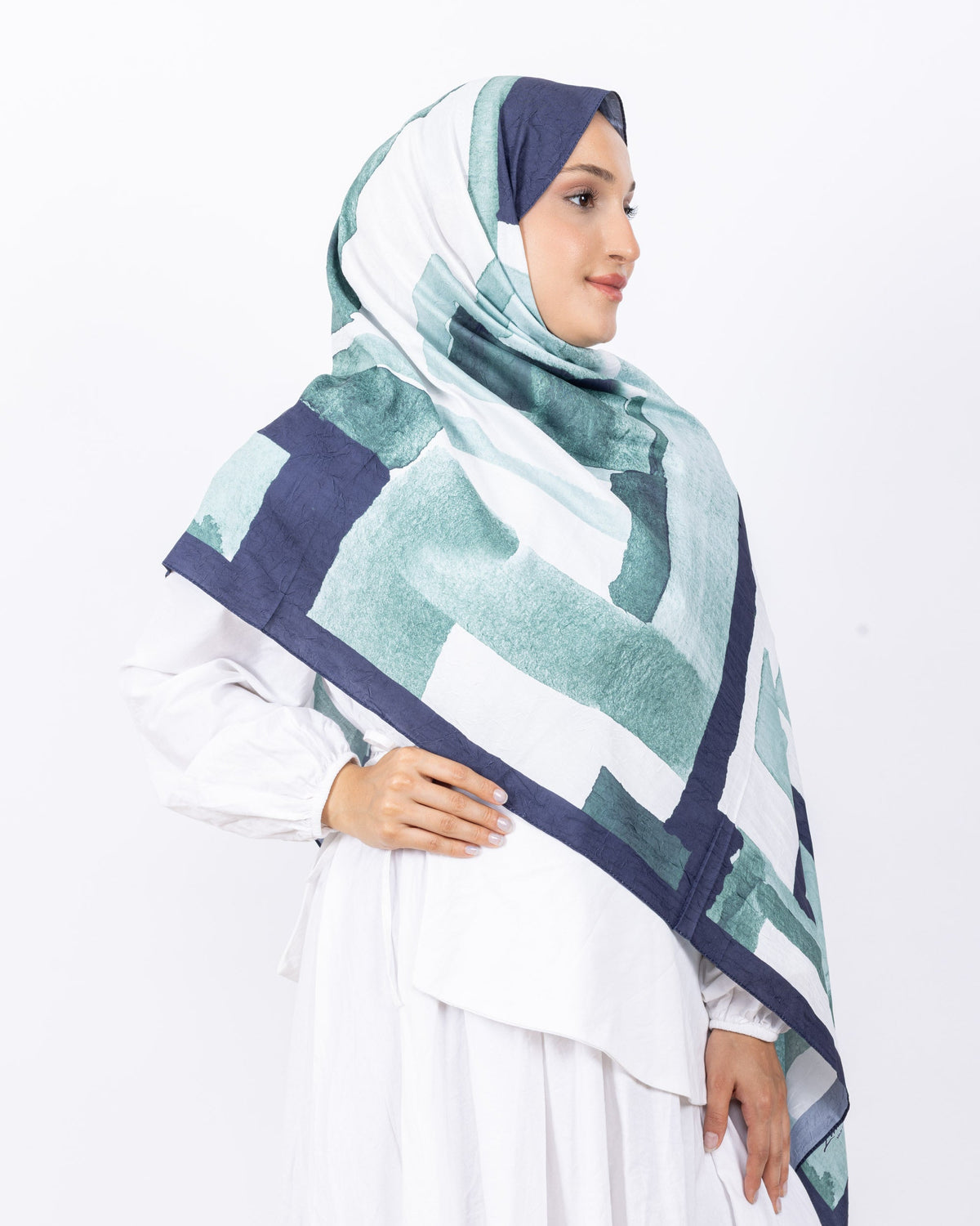 Mikro Bambu Kraş Şal D026 Lacivert Mint Yeşili, 75 × 185 cm şal – görsel 4