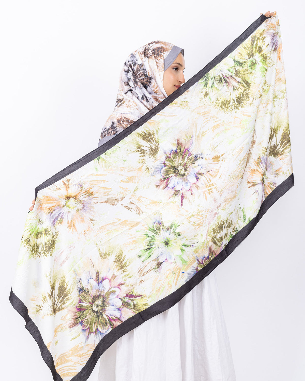 Mikro Bambu Kraş Şal D027 Siyah-Gri, çiçekli desenli, 75 × 185 cm şal – görsel 5