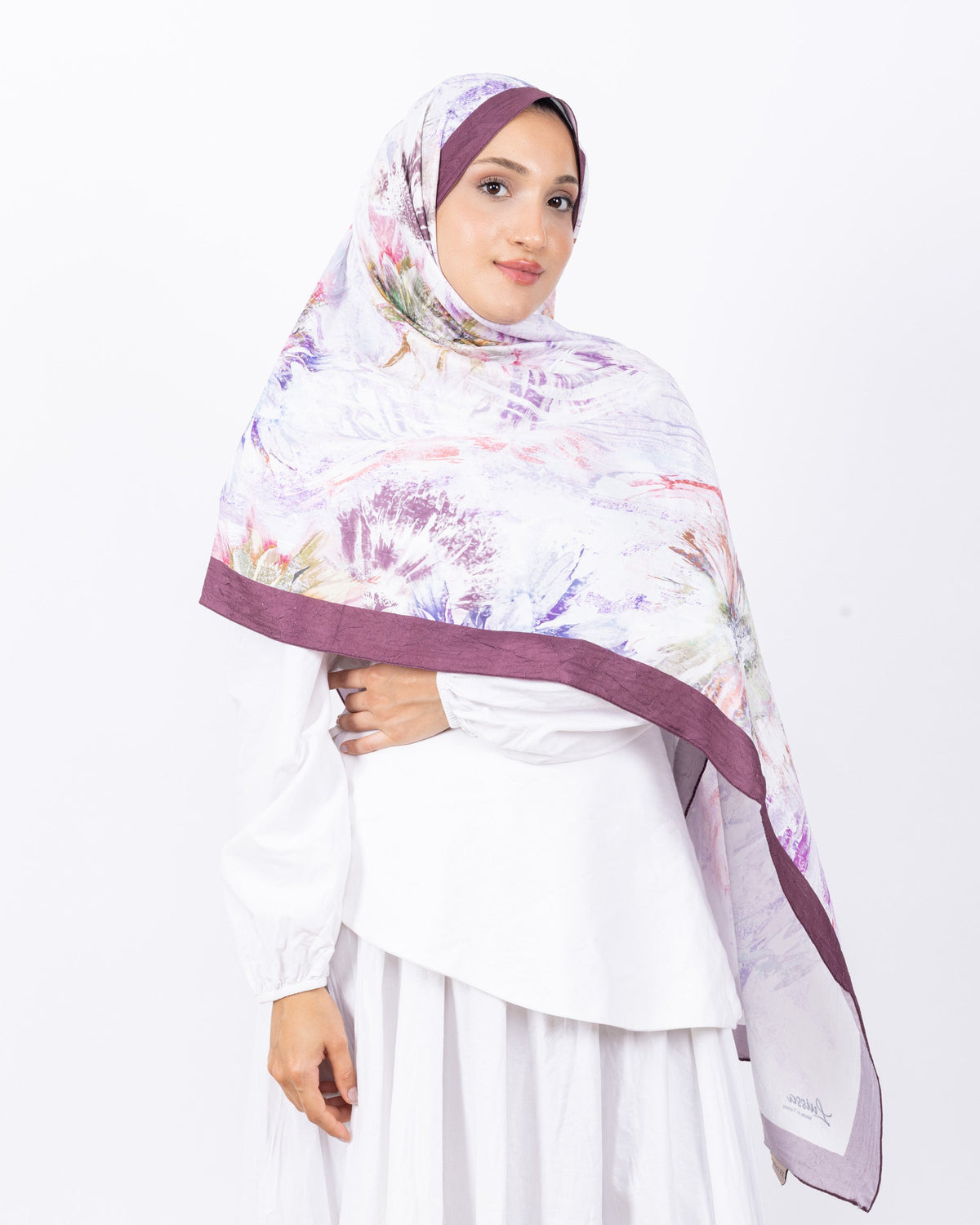 Mikro Bambu Kraş Şal D027 Mürdüm-Fuşya, çiçekli desenli, 75 × 185 cm şal – görsel 1