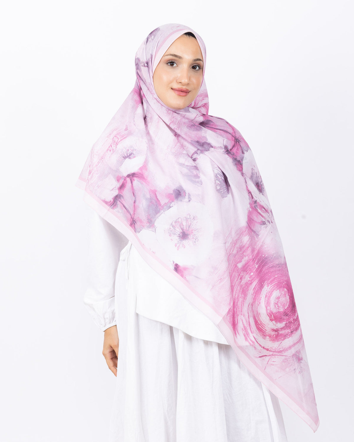 Fransız İpeği D018 Pembe, çiçekli desenli, 75 × 185 cm şal – görsel 1