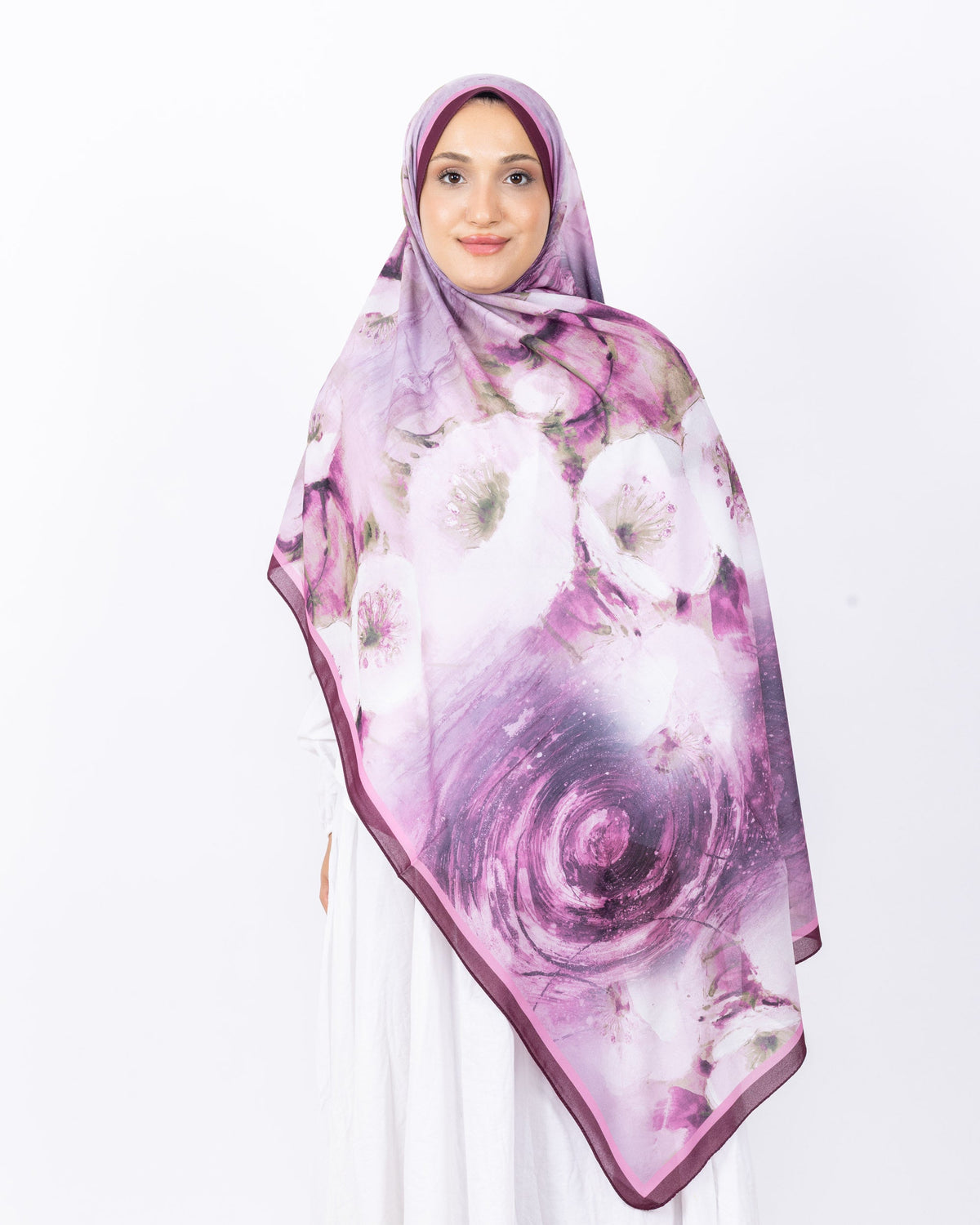 Fransız İpeği D018 Mürdüm, çiçekli desenli, 75 × 185 cm şal – görsel 2