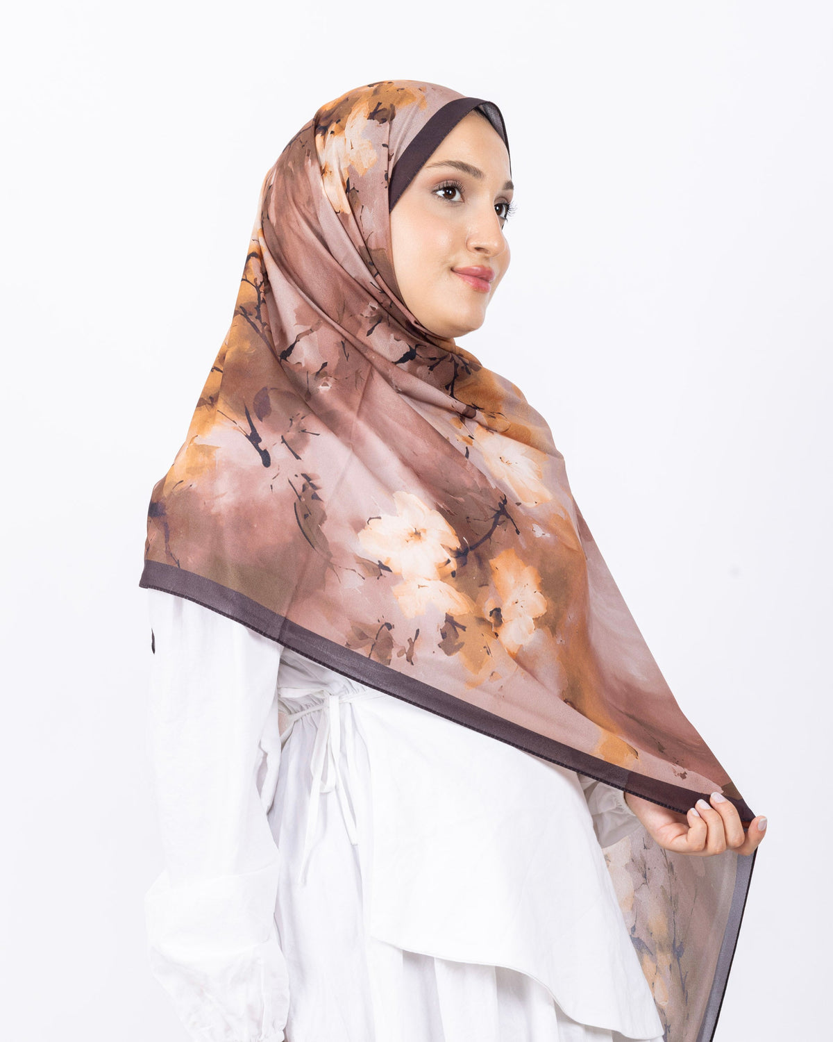 Fransız İpeği D017 Kahverengi, çiçekli desenli, 75 × 185 cm şal – görsel 4