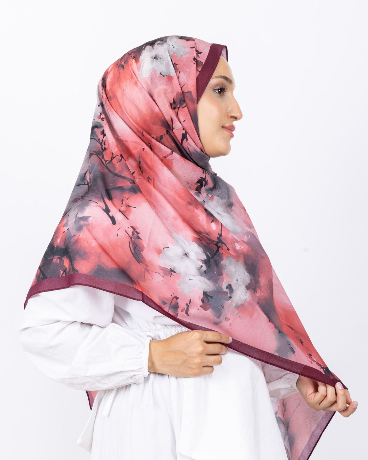 Fransız İpeği D017 Mürdüm, çiçekli desenli, 75 × 185 cm şal – görsel 3