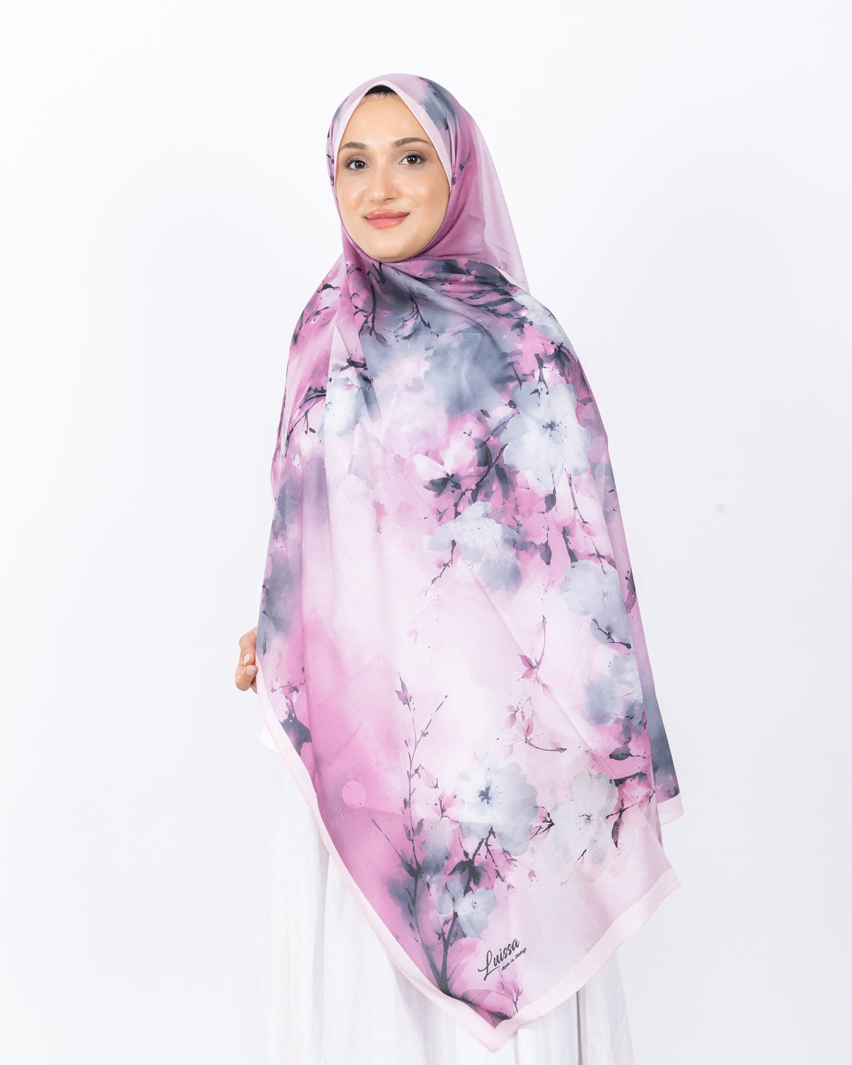 Fransız İpeği D017 Pembe, çiçekli desenli, 75 × 185 cm şal – görsel 2