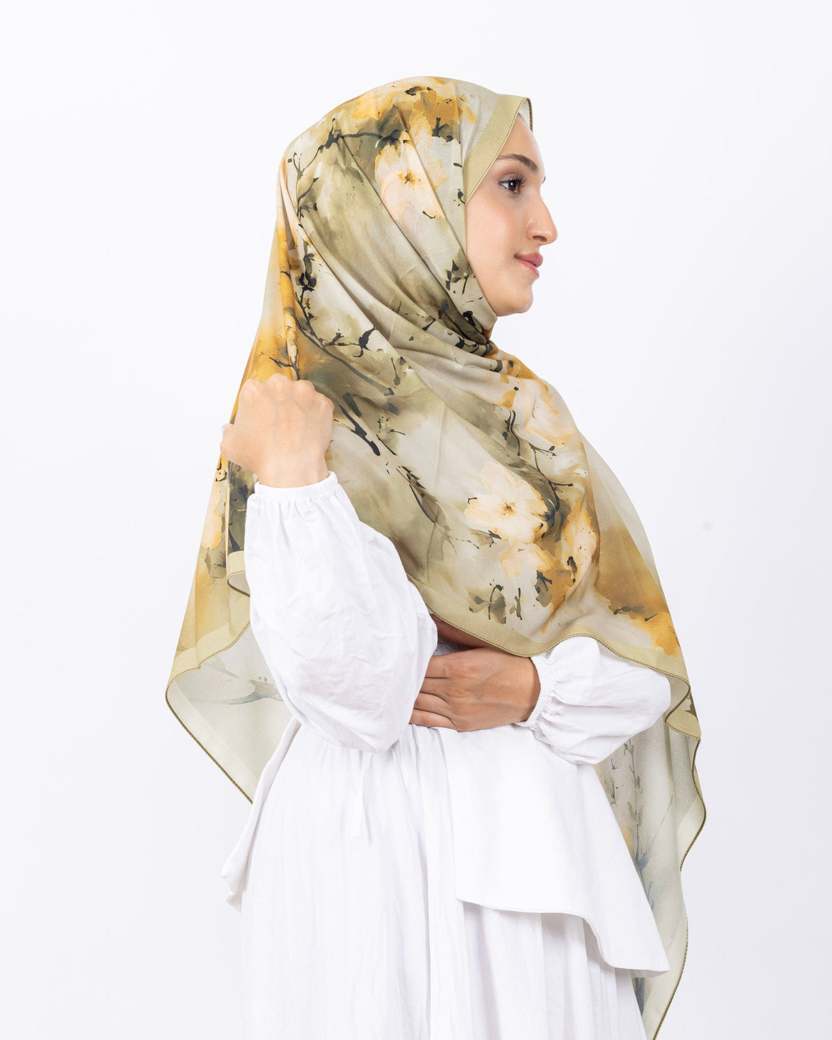 Fransız İpeği D017 Yeşil, çiçekli desenli, 75 × 185 cm şal – görsel 3