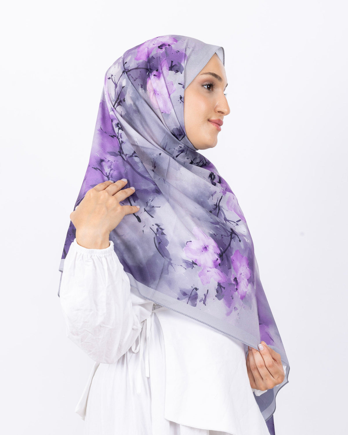 Fransız İpeği D017 Gri-Lila, çiçekli desenli, 75 × 185 cm şal – görsel 1