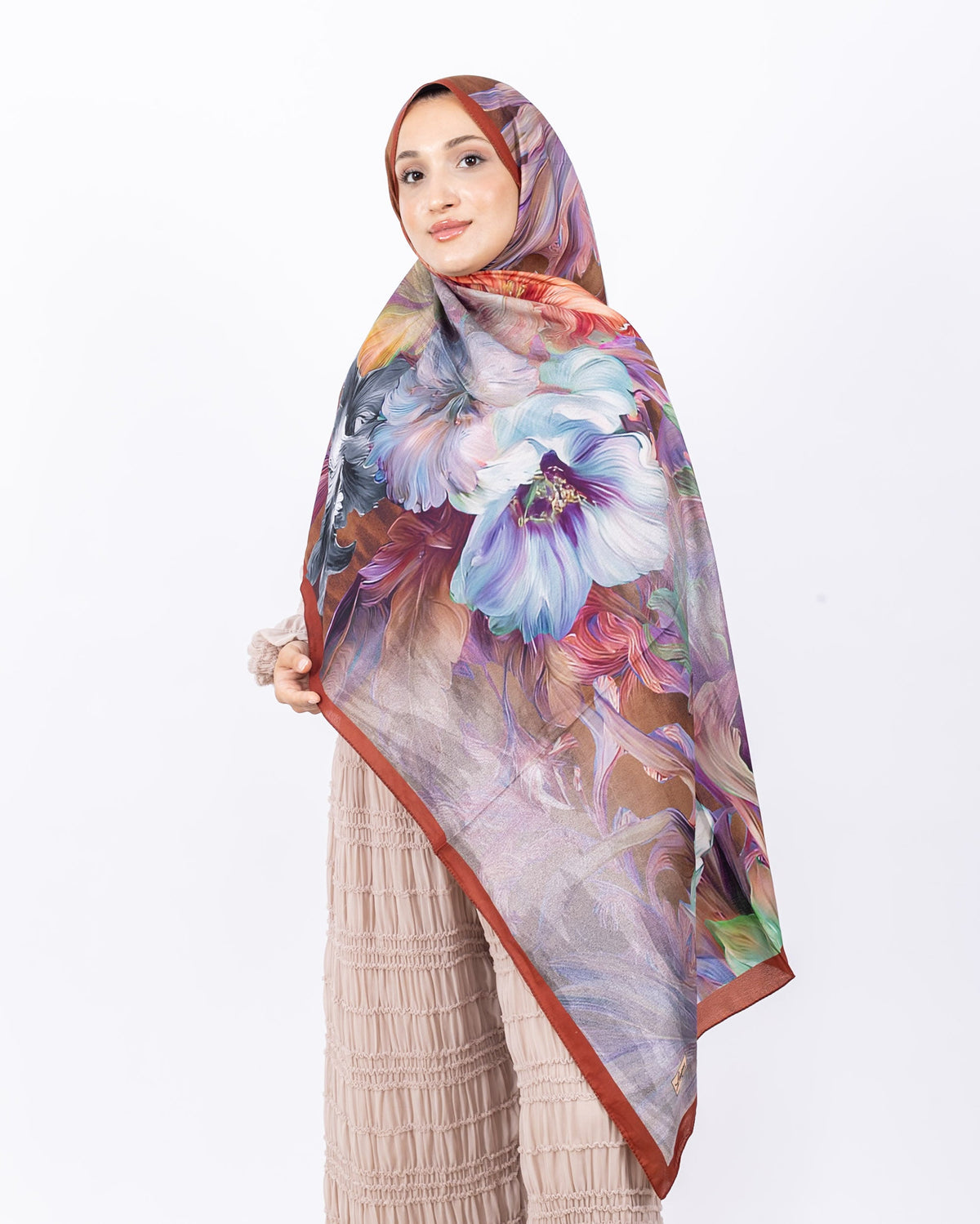Mikro Soft Şal D003 Kiremit, çiçekli desenli, 75 × 185 cm şal – görsel 2