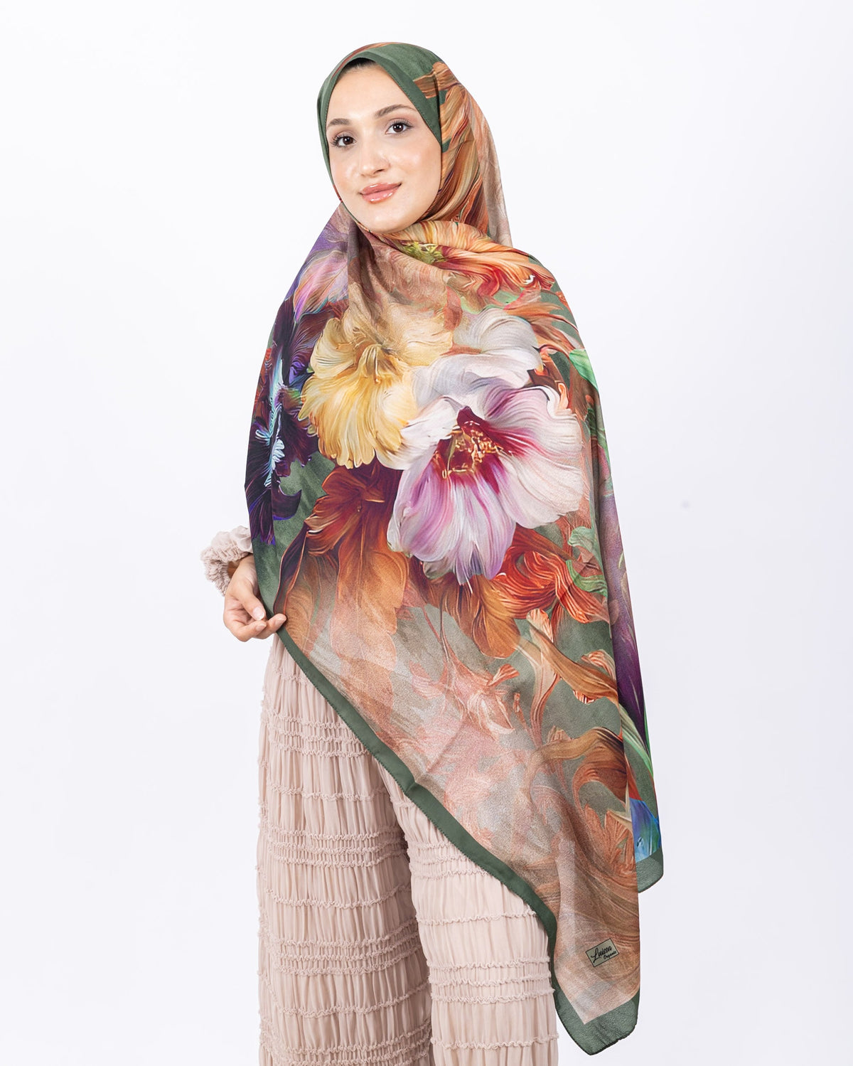 Mikro Soft Şal D003 Haki Yeşili, çiçekli desenli, 75 × 185 cm şal – görsel 1