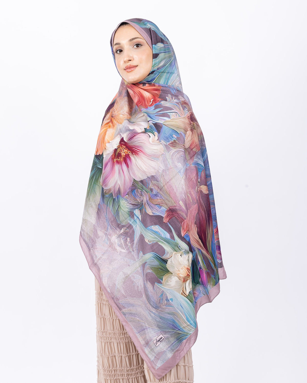 Mikro Soft Şal D003 Pudra, çiçekli desenli, 75 × 185 cm şal – görsel 1