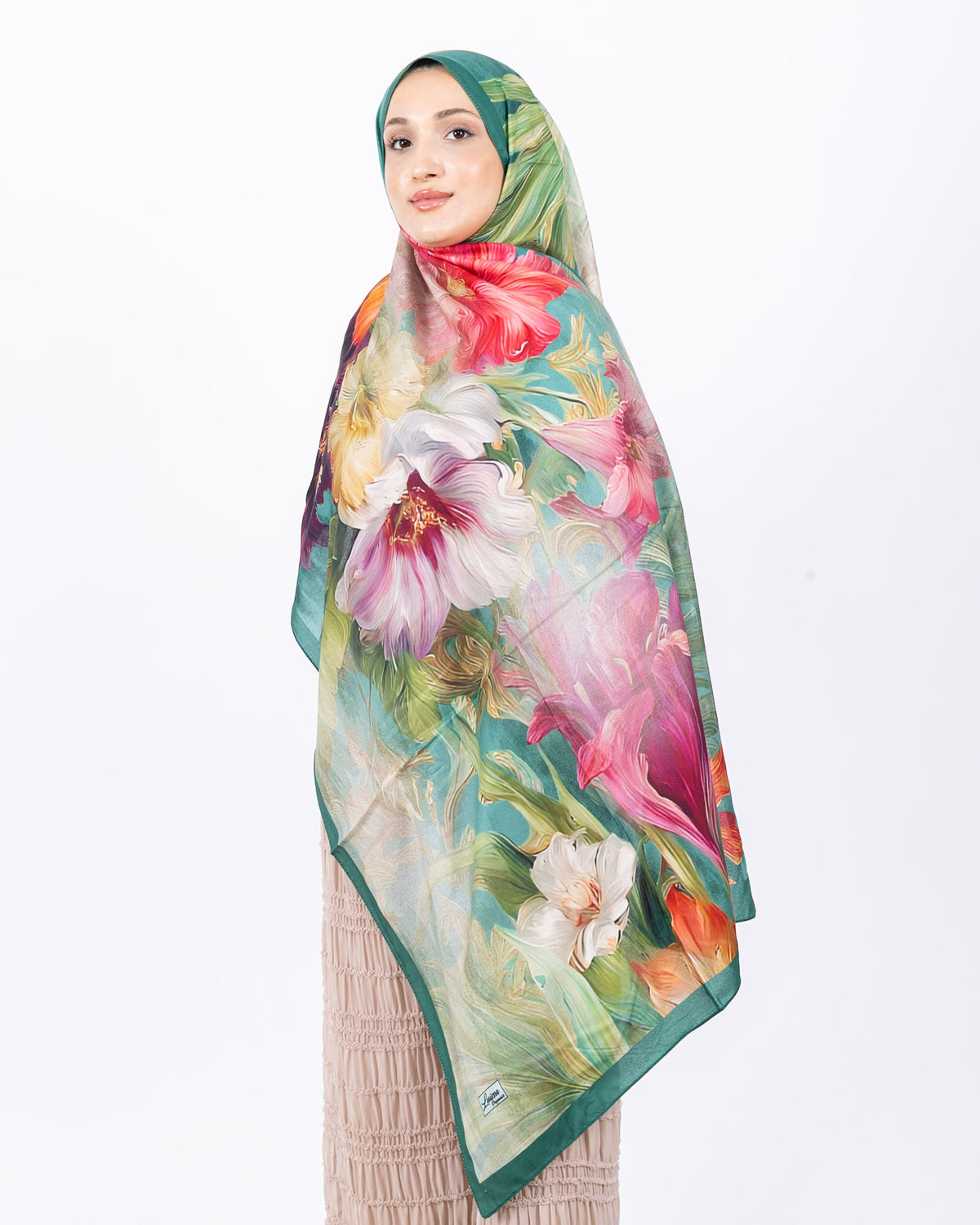 Mikro Soft Şal D003 Zümrüt Yeşili, çiçekli desenli, 75 × 185 cm şal – görsel 2