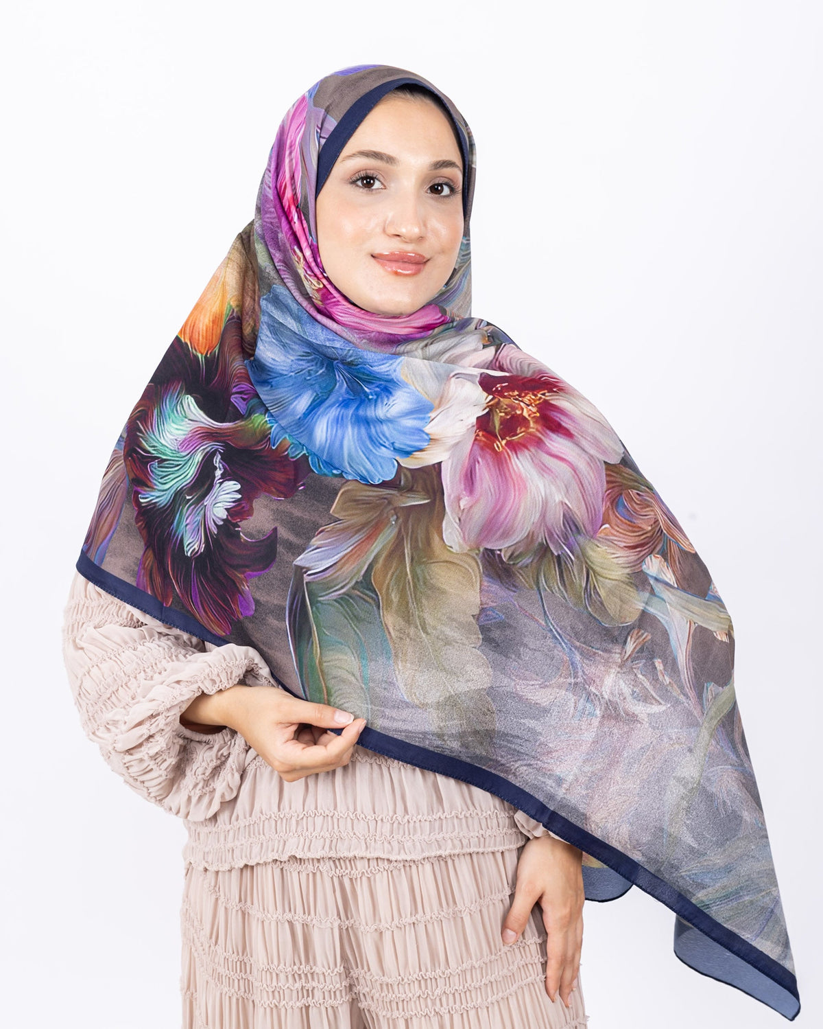 Mikro Soft Şal D003 Lacivert, çiçekli desenli, 75 × 185 cm şal – görsel 1