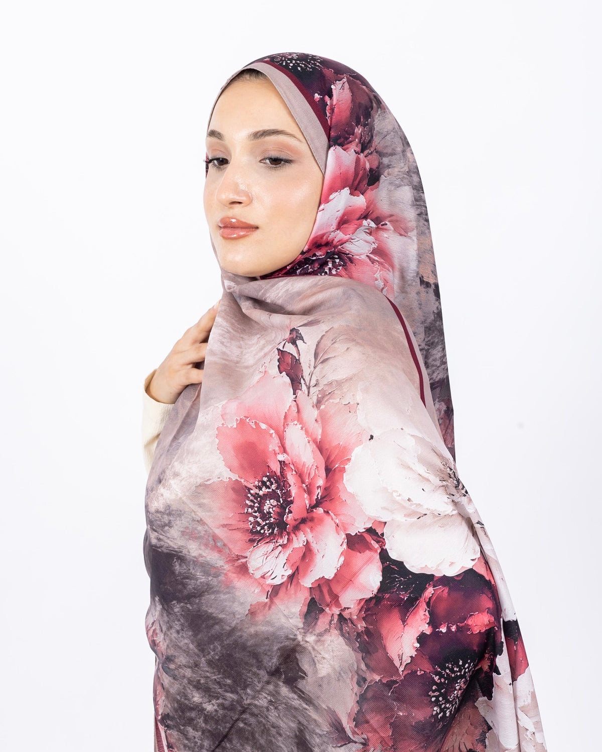 Mikro Soft Şal D005 Pudra, çiçekli desenli, 75 × 185 cm şal – görsel 3