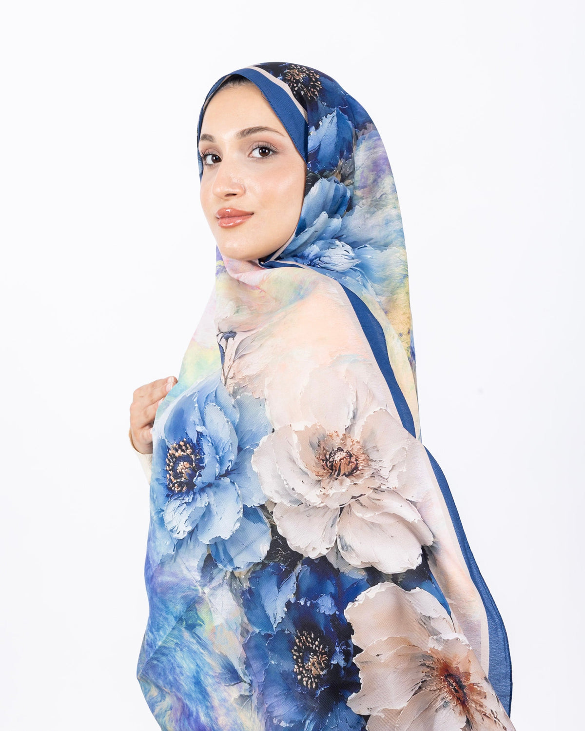 Mikro Soft Şal D005 İndigo Mavi, çiçekli desenli, 75 × 185 cm şal – görsel 1