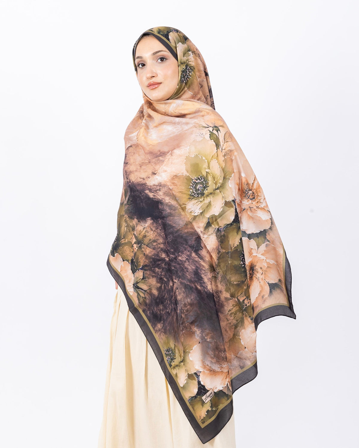 Mikro Soft Şal D005 Haki, çiçekli desenli, 75 × 185 cm şal – görsel 2