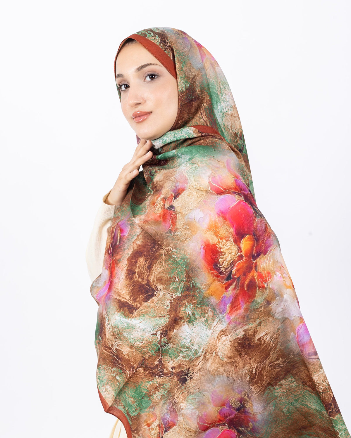 Mikro Soft Şal D009 Kiremit, çiçekli desenli, 75 × 185 cm şal – görsel 3