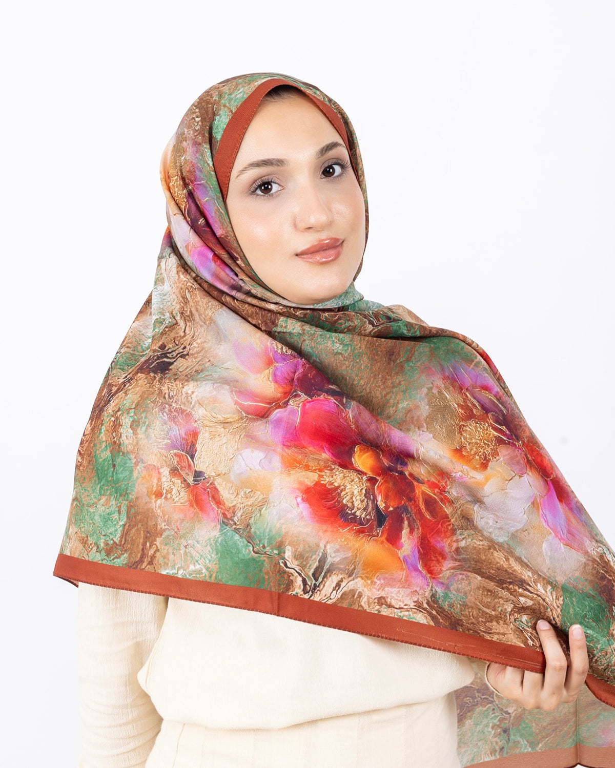 Mikro Soft Şal D009 Kiremit, çiçekli desenli, 75 × 185 cm şal – görsel 4