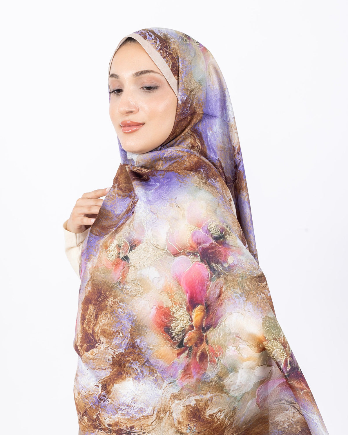 Mikro Soft Şal D009 Taş Rengi, çiçekli desenli, 75 × 185 cm şal – görsel 1