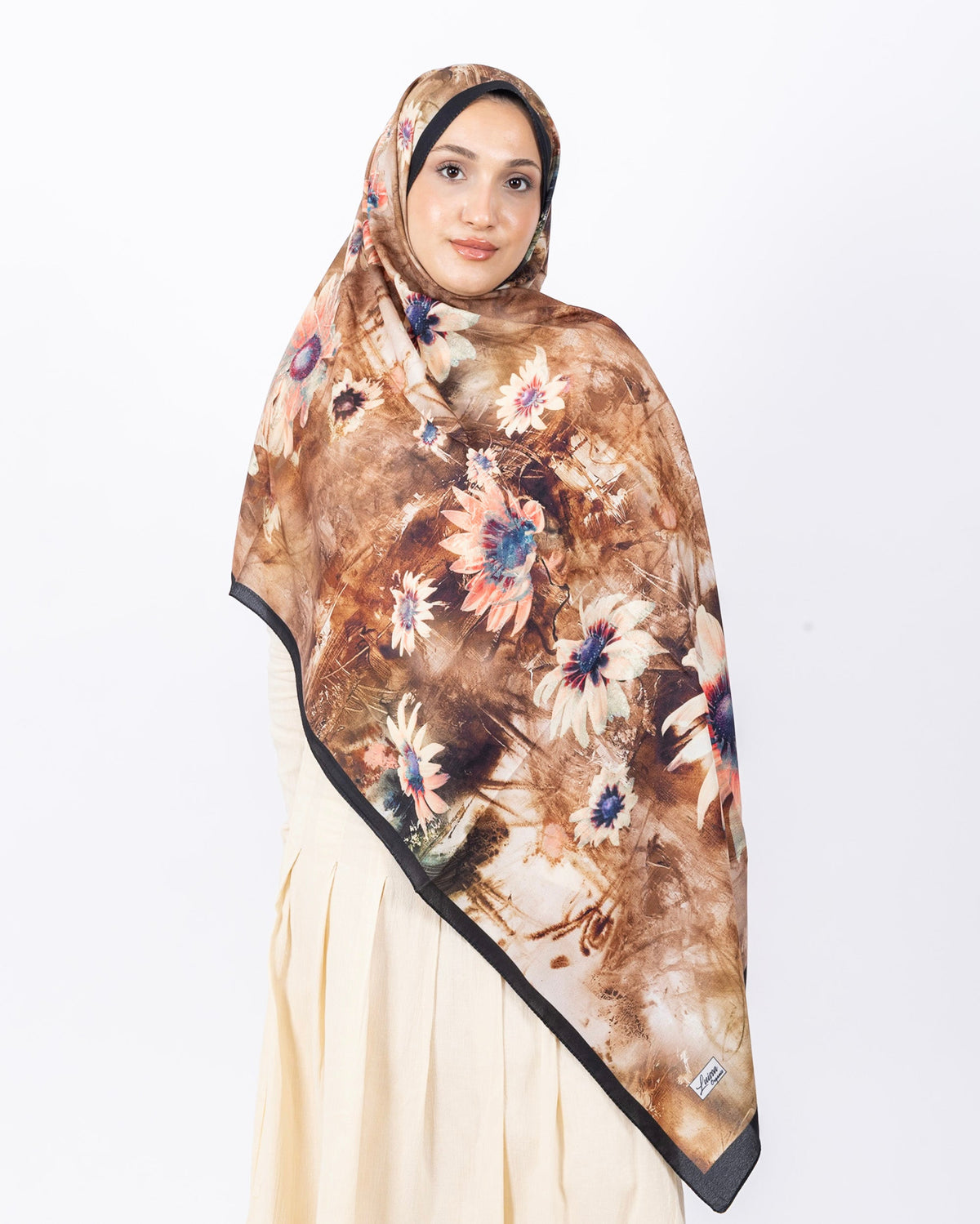 Mikro Soft Şal D002 Siyah-Kahve, çiçekli desenli, 75 × 185 cm şal – görsel 1