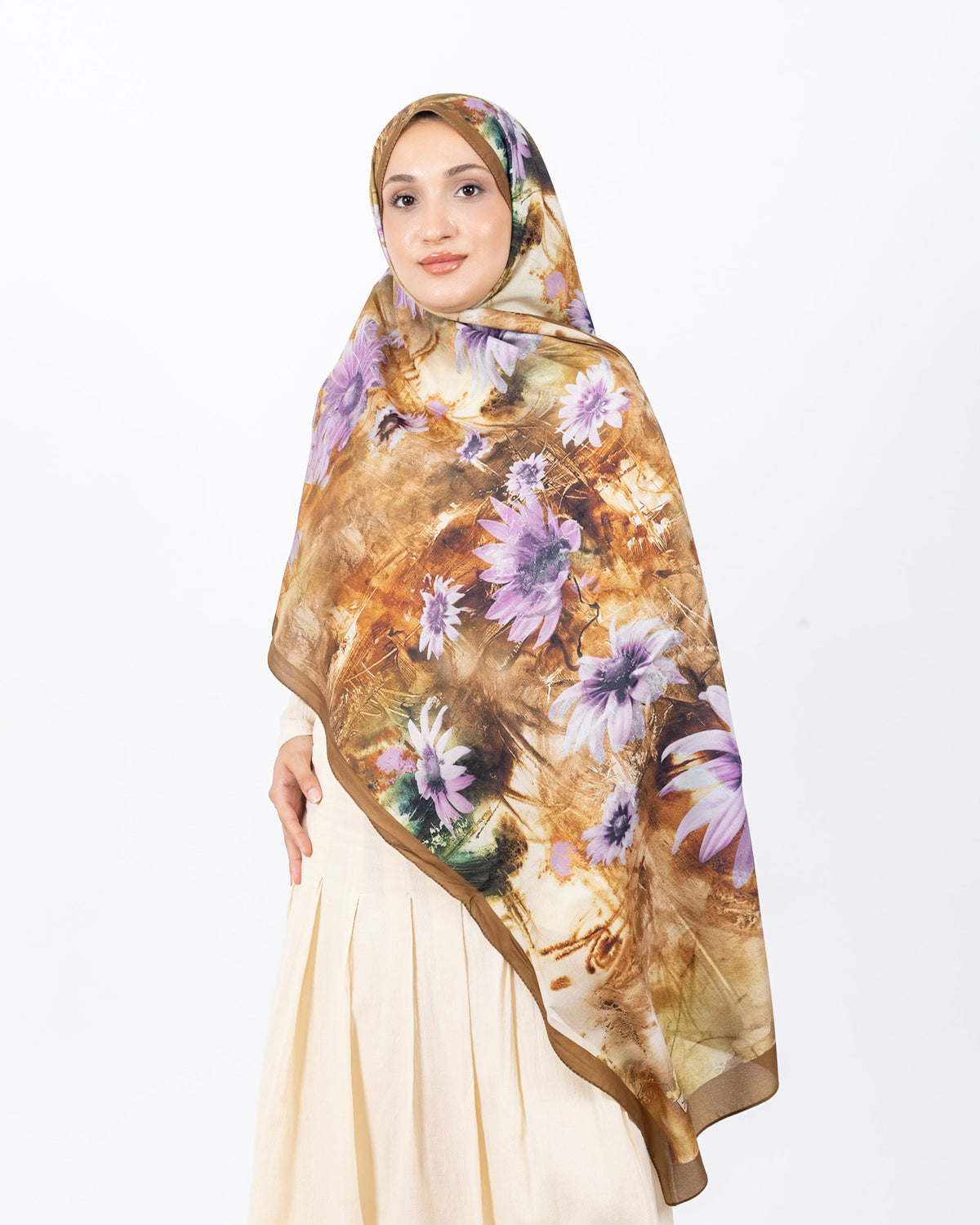 Mikro Soft Şal D002 Sütlü Kahve, çiçekli desenli, 75 × 185 cm şal – görsel 2