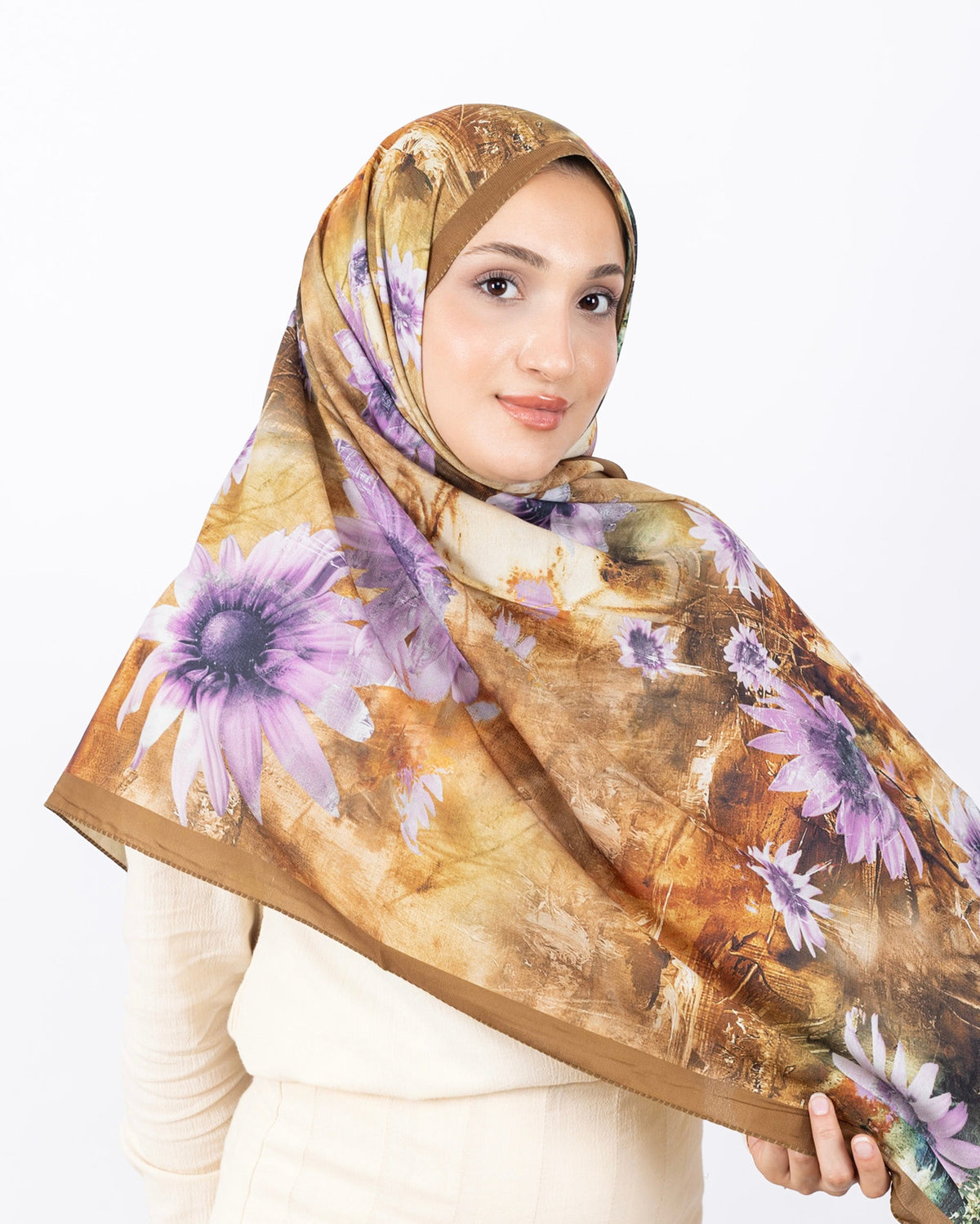 Mikro Soft Şal D002 Sütlü Kahve, çiçekli desenli, 75 × 185 cm şal – görsel 1