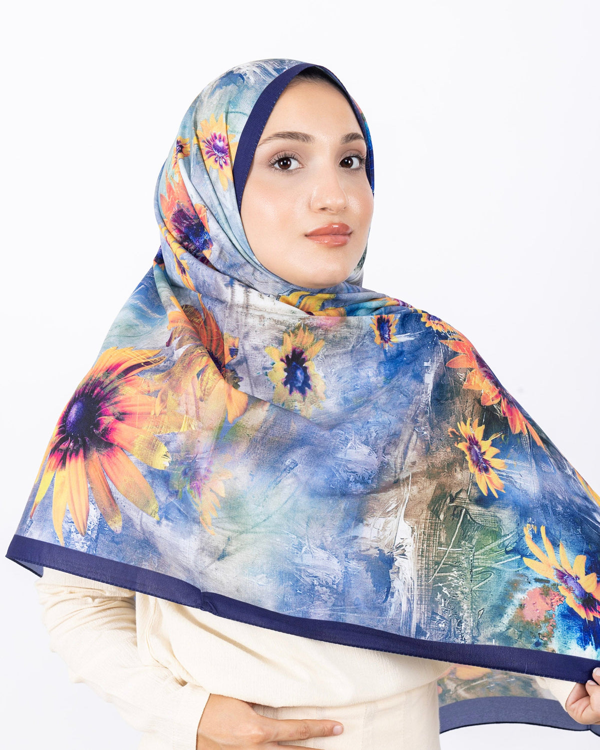 Mikro Soft Şal D002 Lacivert, çiçekli desenli, 75 × 185 cm şal – görsel 3