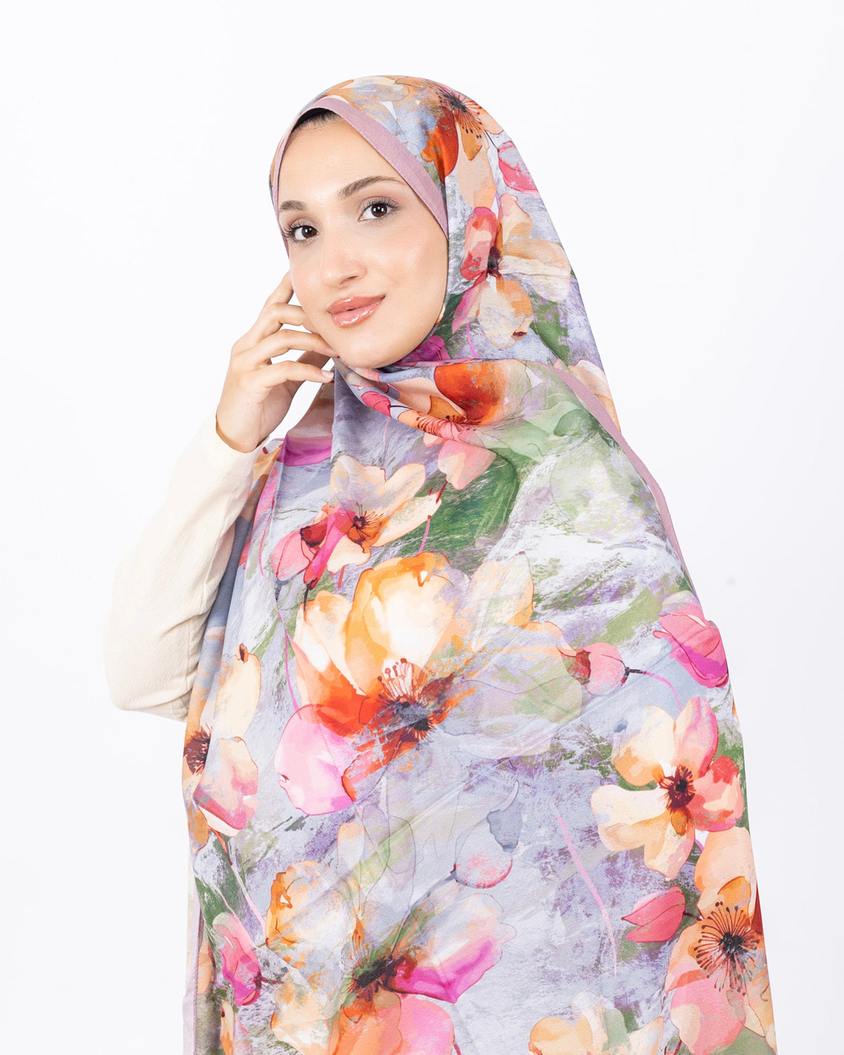 Mikro Soft Şal D015 Pudra, çiçekli desenli, 75 × 185 cm şal – görsel 3