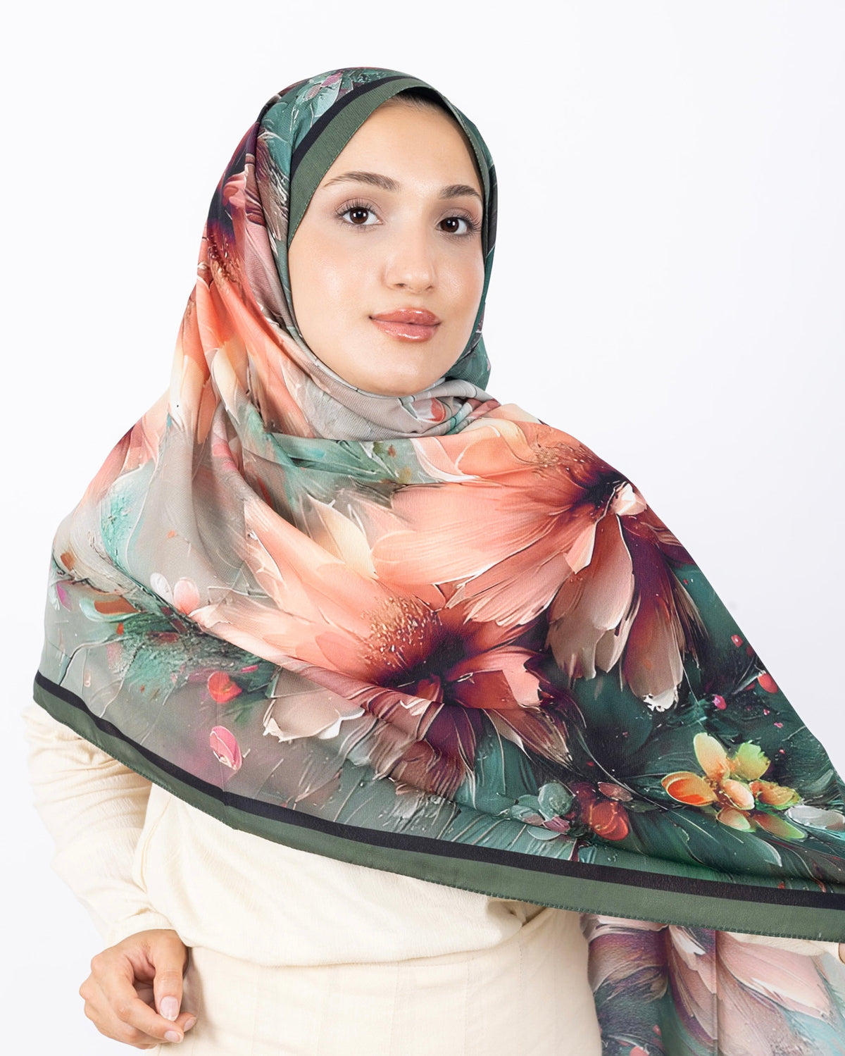 Mikro Soft Şal D004 Haki Yeşili, çiçekli desenli, 75 × 185 cm şal – görsel 4