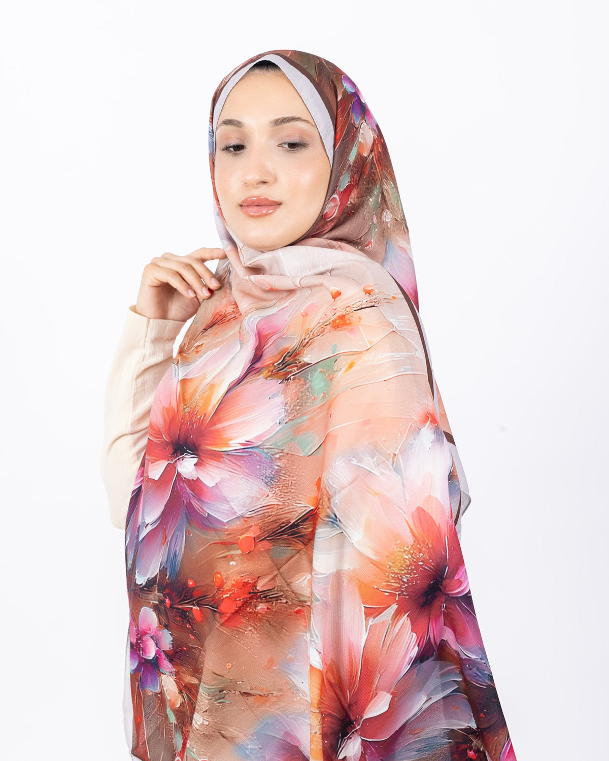 Mikro Soft Şal D004 Taş Rengi, çiçekli desenli, 75 × 185 cm şal – görsel 2