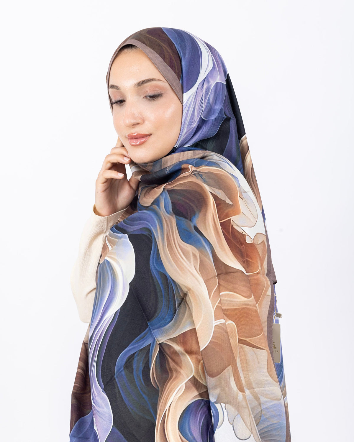 Mikro Soft Şal D012 Vizon-Mavi, çiçekli desenli, 75 × 185 cm şal – görsel 3
