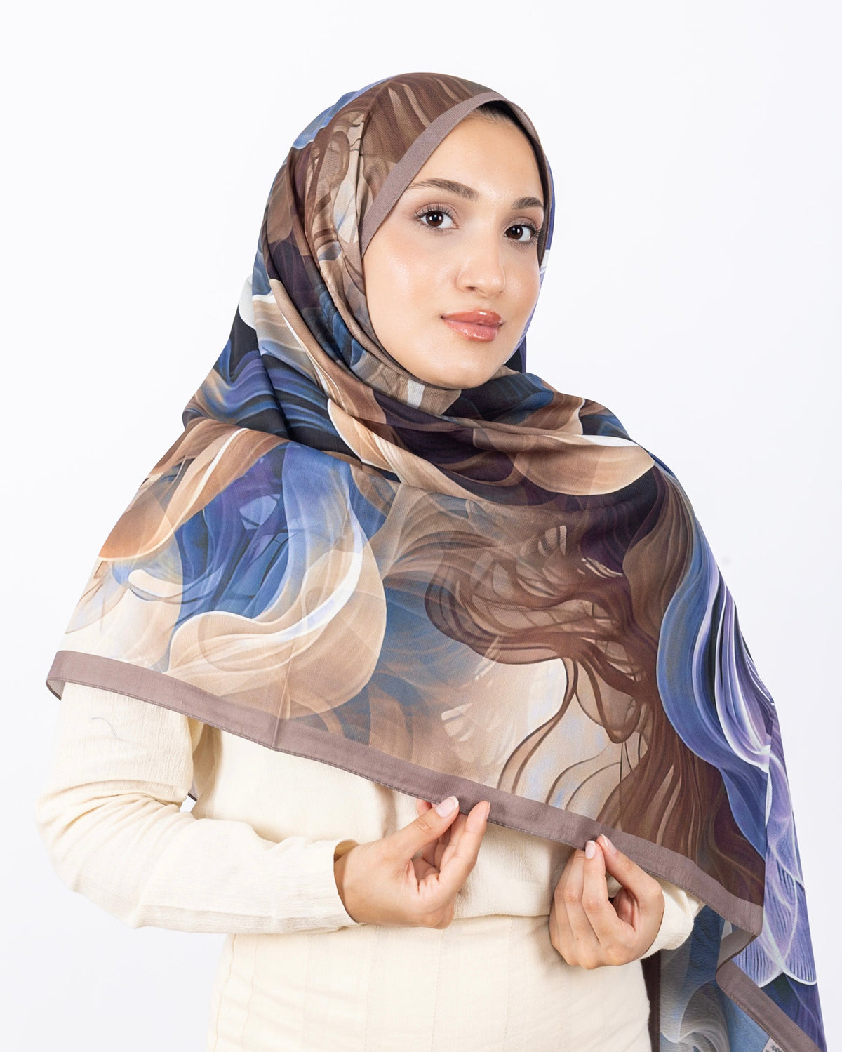 Mikro Soft Şal D012 Vizon-Mavi, çiçekli desenli, 75 × 185 cm şal – görsel 1