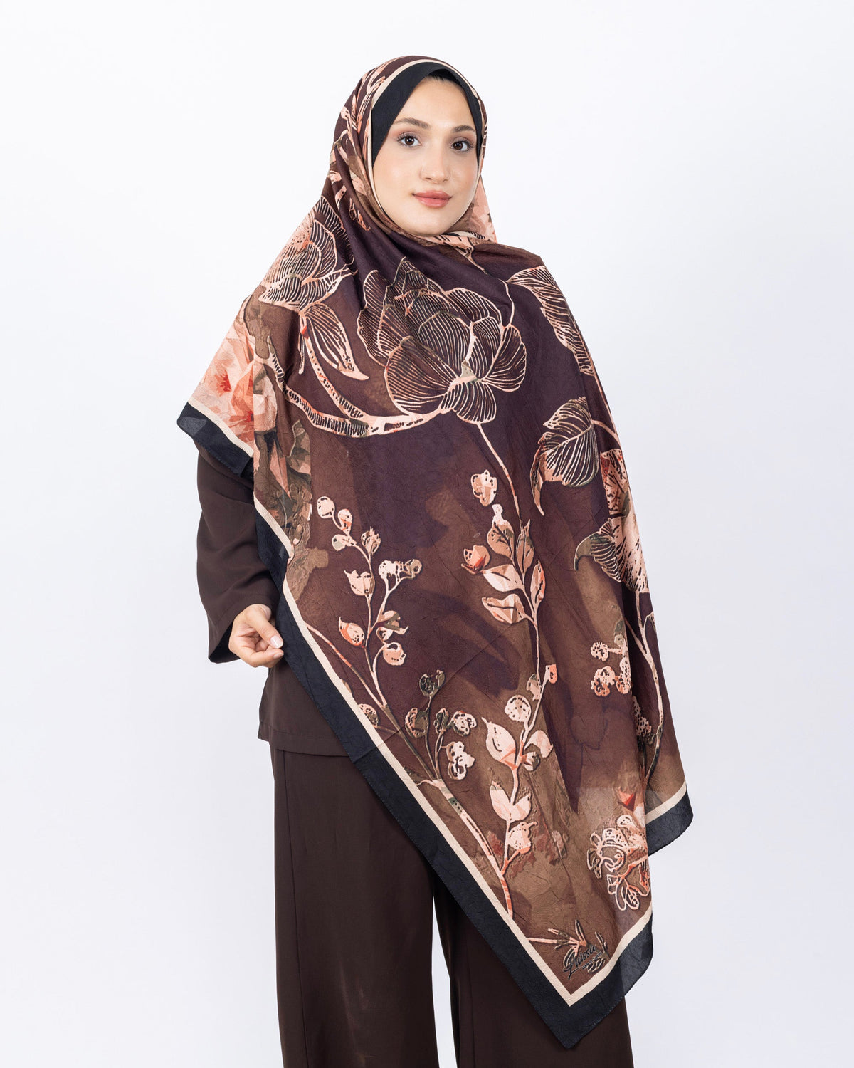 Mikro Bambu Kraş Şal D025 Siyah-Kahve, çiçekli desenli, 75 × 185 cm şal – görsel 2