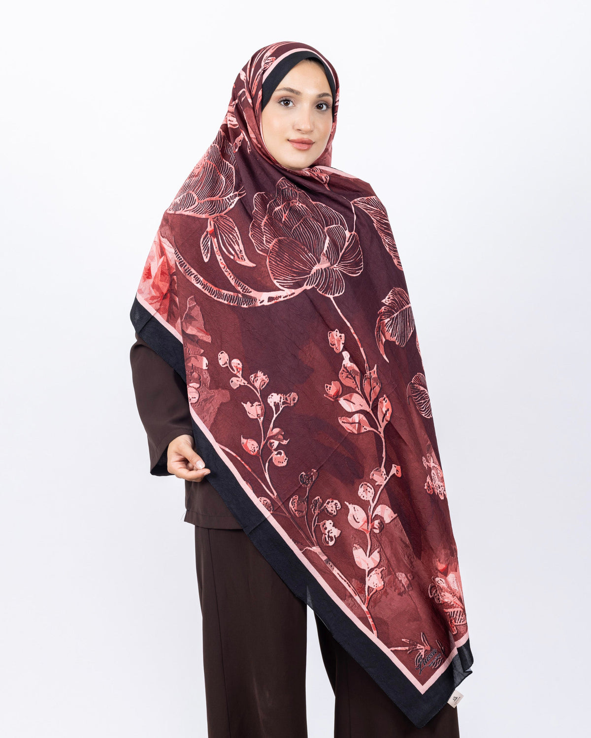 Mikro Bambu Kraş Şal D025 Siyah-Bordo, çiçekli desenli, 75 × 185 cm şal – görsel 3