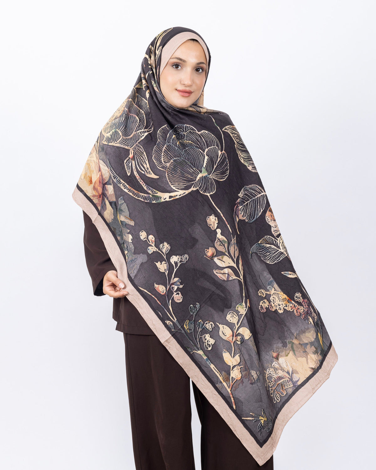 Mikro Bambu Kraş Şal D025 Bej, çiçekli desenli, 75 × 185 cm şal – görsel 1