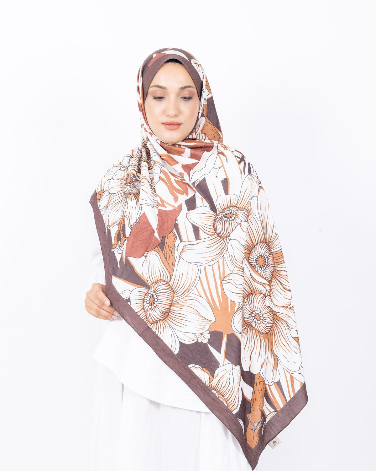 Mikro Bambu Kraş Şal D024 Kahverengi, çiçekli desenli, 75 × 185 cm şal – görsel 2