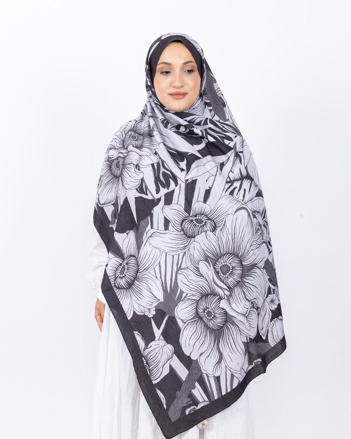Mikro Bambu Kraş Şal D024 Siyah-Gri, çiçekli desenli, 75 × 185 cm şal – görsel 2