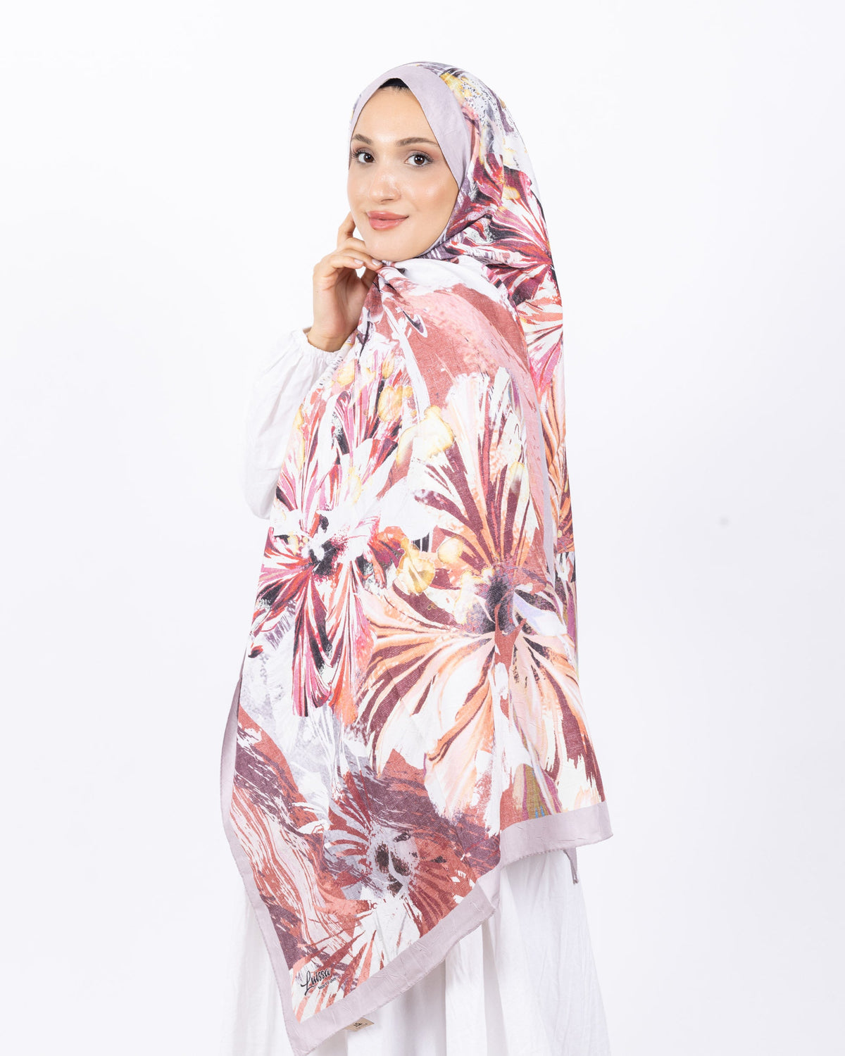 Mikro Bambu Kraş Şal D020 Açık Vizon, çiçekli desenli, 75 × 185 cm şal – görsel 1