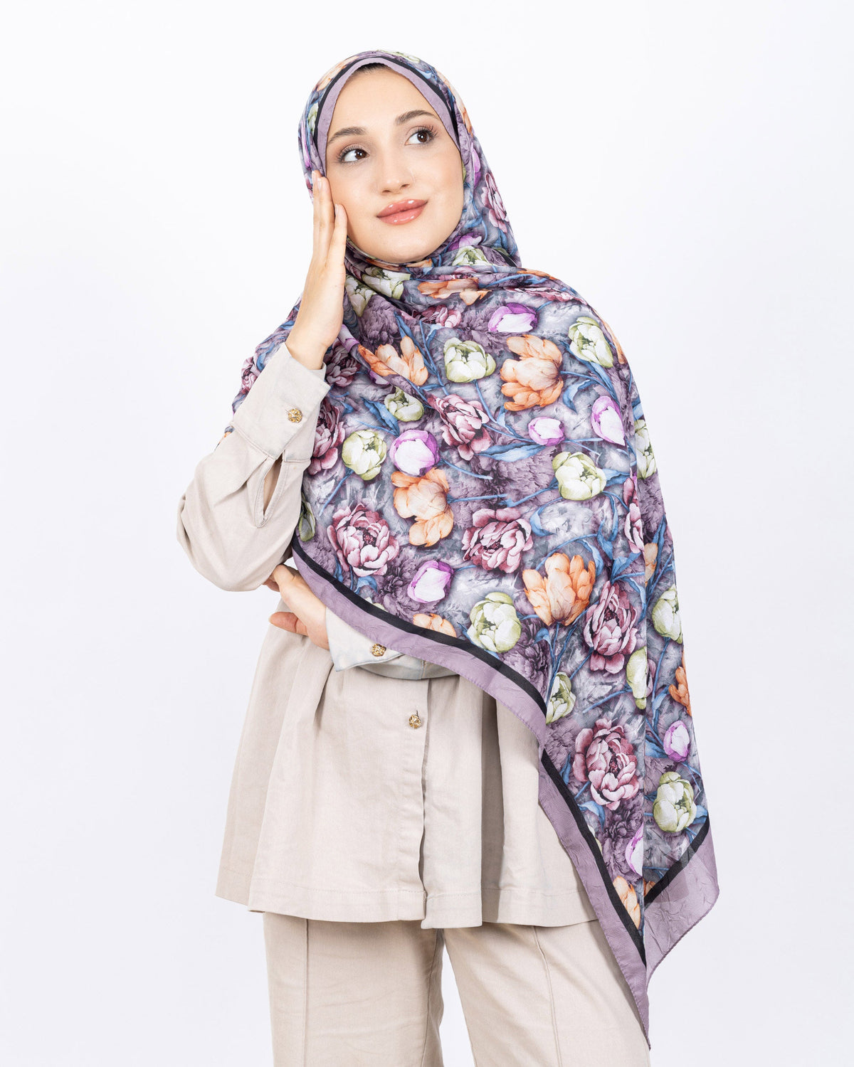 Soft Bambu Kraş Şal D036 Lila, rose desenli, 75 × 185 cm şal – görsel 1