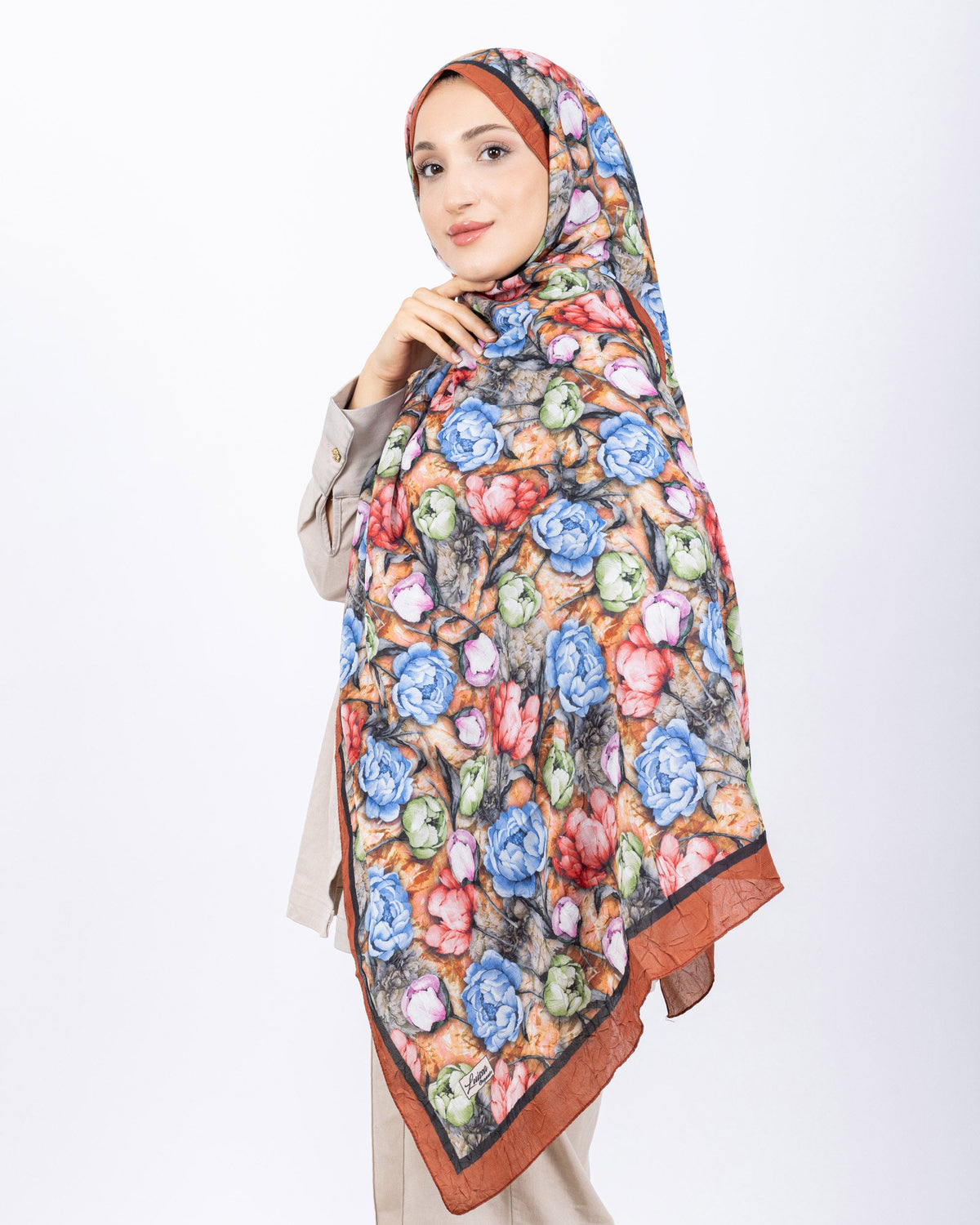 Soft Bambu Kraş Şal D036 Kiremit, rose desenli, 75 × 185 cm şal – görsel 1