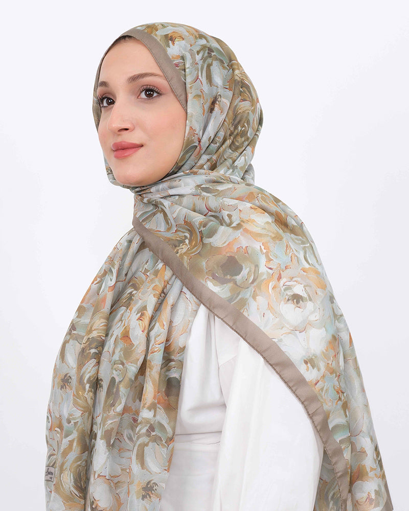 Soft Şal D058 Vizon, çiçekli desenli, 75 × 185 cm şal – görsel 1