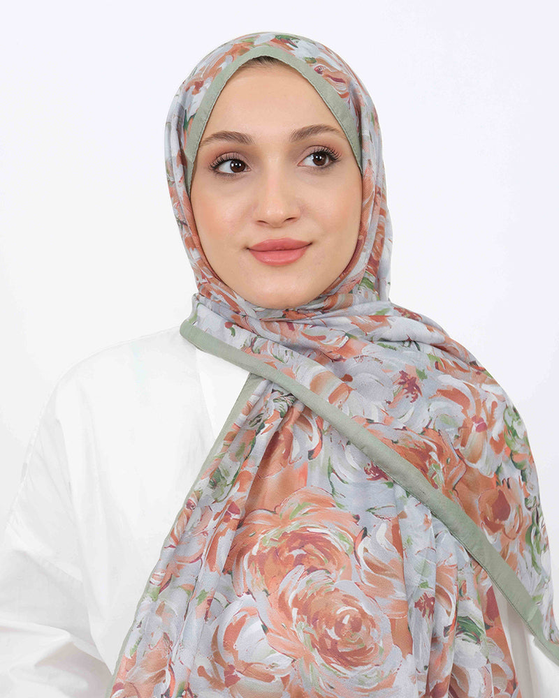 Soft Şal D058 Kırık Yeşil, çiçekli desenli, 75 × 185 cm şal – görsel 3