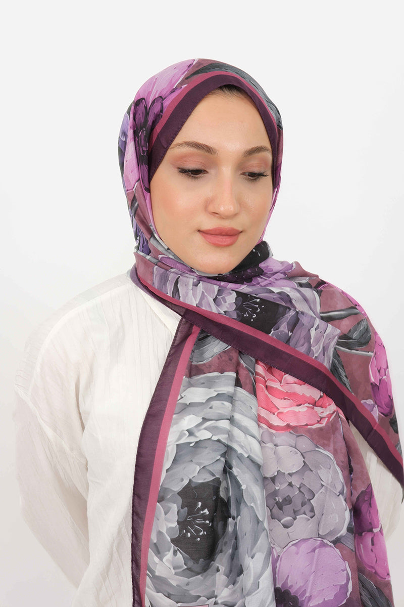 Soft Şal D060 Mor, çiçekli desenli, 75 × 185 cm şal – görsel 3
