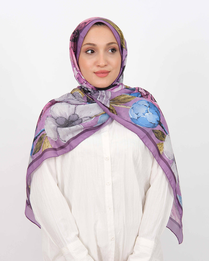 Soft Şal D060 Lila, çiçekli desenli, 75 × 185 cm şal – görsel 2