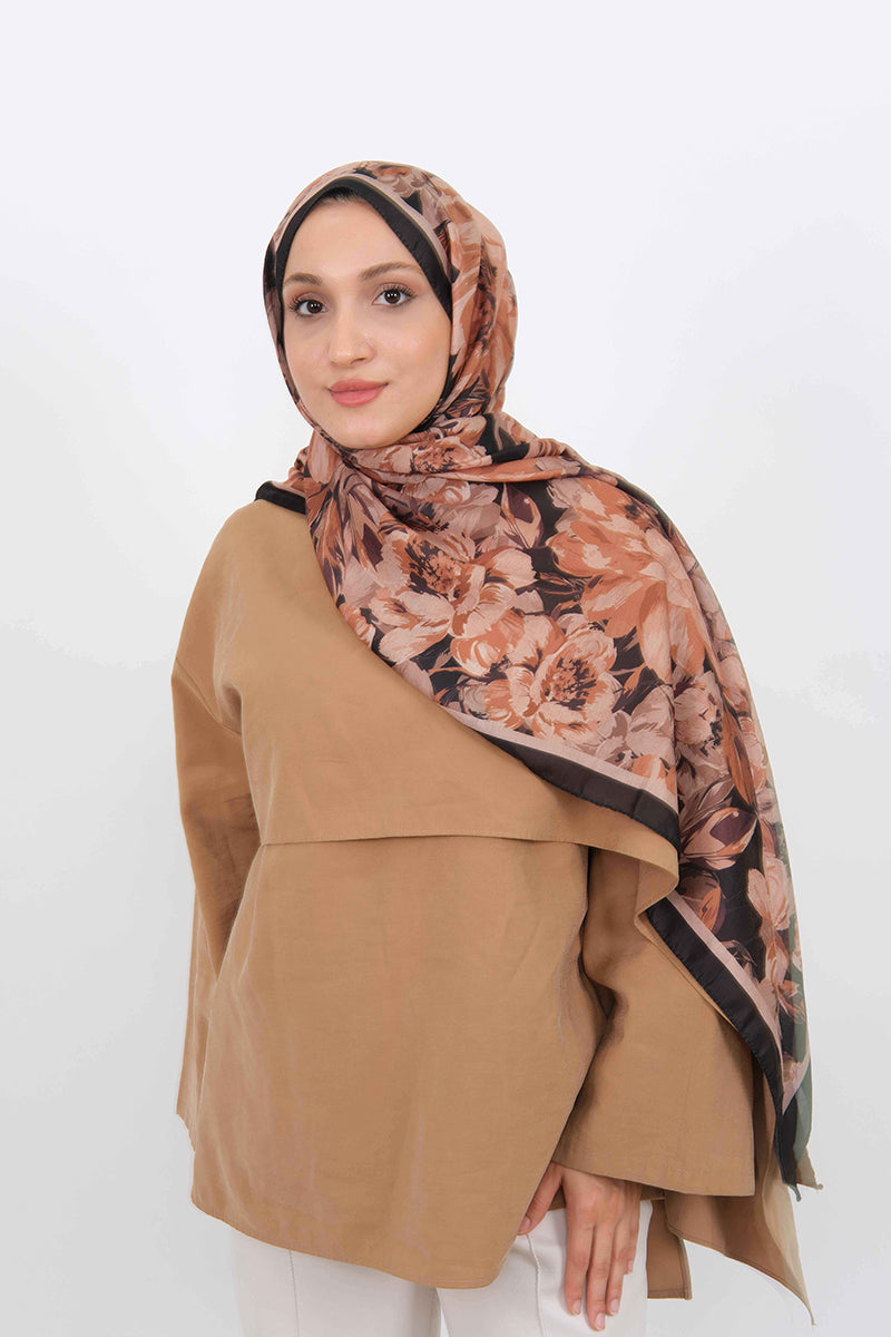 Soft Şal D061 Siyah-Somon, çiçekli desenli, 75 × 185 cm şal – görsel 1