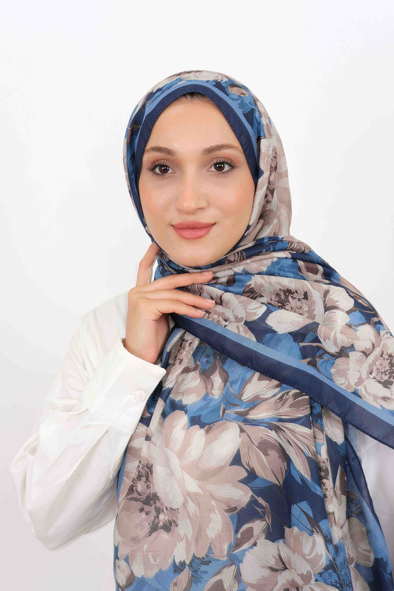 Soft Şal D061 Lacivert, çiçekli desenli, 75 × 185 cm şal – görsel 3