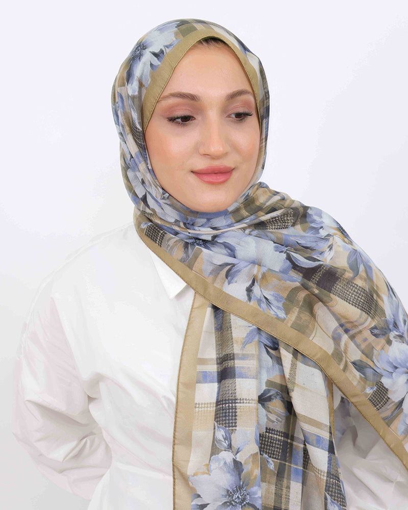 Soft Şal D062 Açık Haki, çiçekli desenli, 75 × 185 cm şal – görsel 3