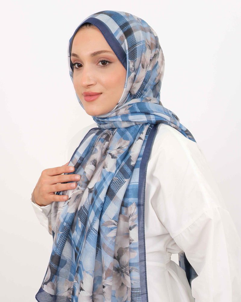 Soft Şal D062 Lacivert, çiçekli desenli, 75 × 185 cm şal – görsel 3