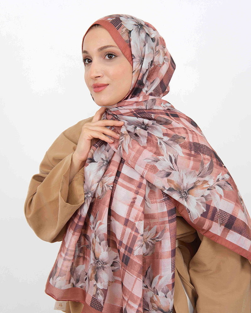 Soft Şal D062 Kiremit, çiçekli desenli, 75 × 185 cm şal – görsel 1